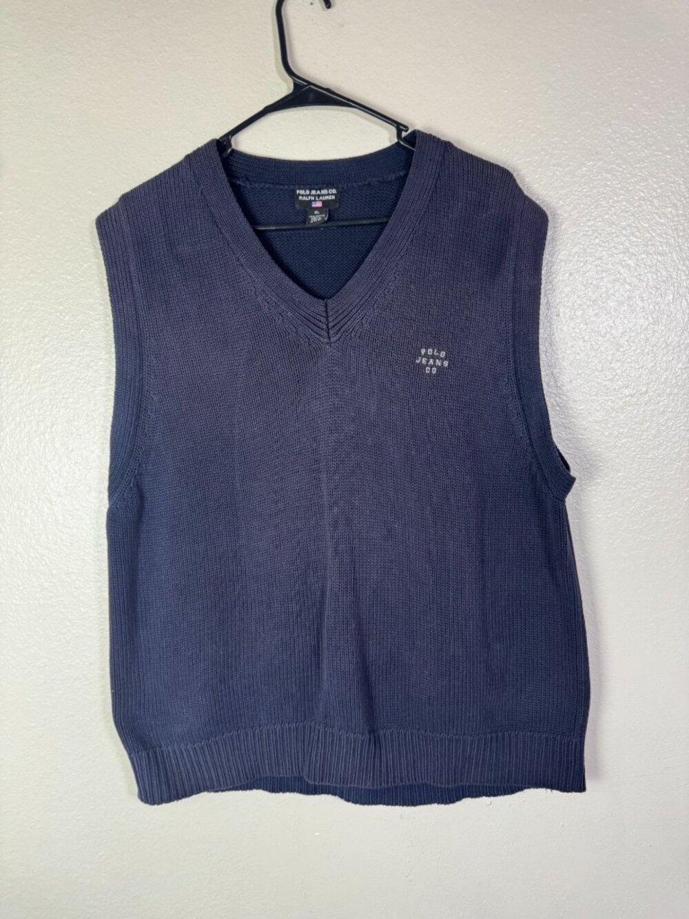 Vtg Polo Jeans Co Ralph Lauren Men Indigo Blue Knit Vest XL 100% Cotton V-Neck